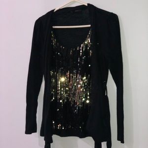 Cardigan and Gold/Black Sequin Tank